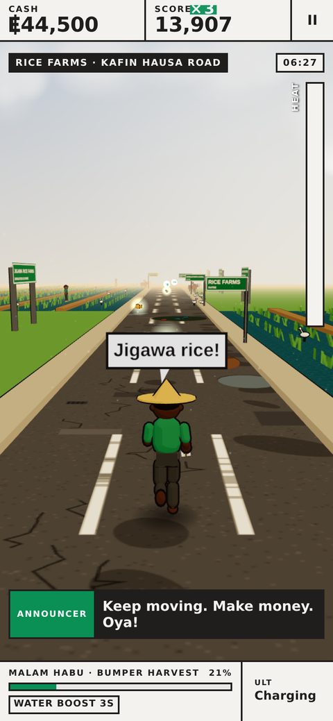 Malam Habu running between the rice farms, Jigawa