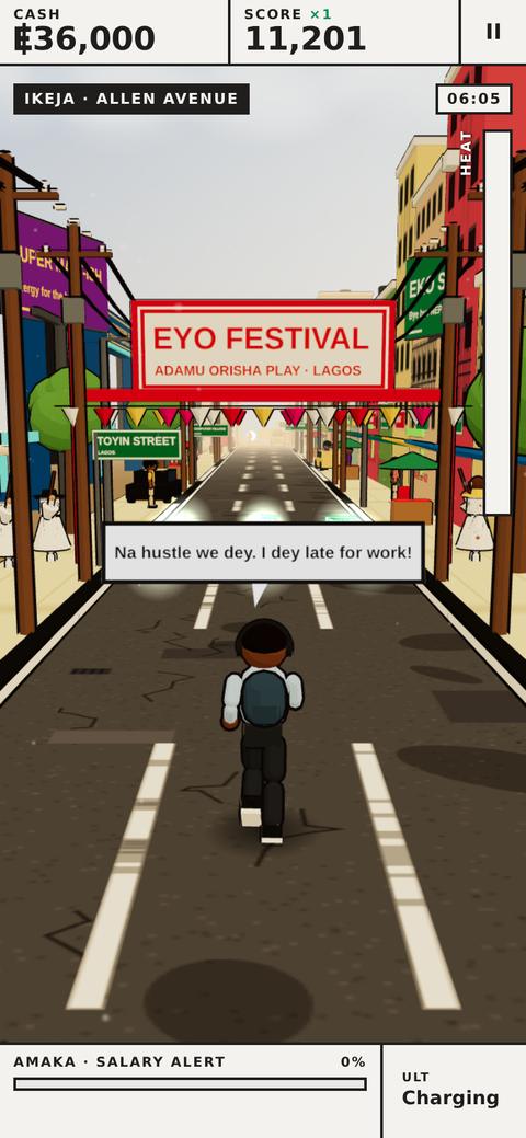 The Eyo Festival arch over a Lagos road, with bunting and notes