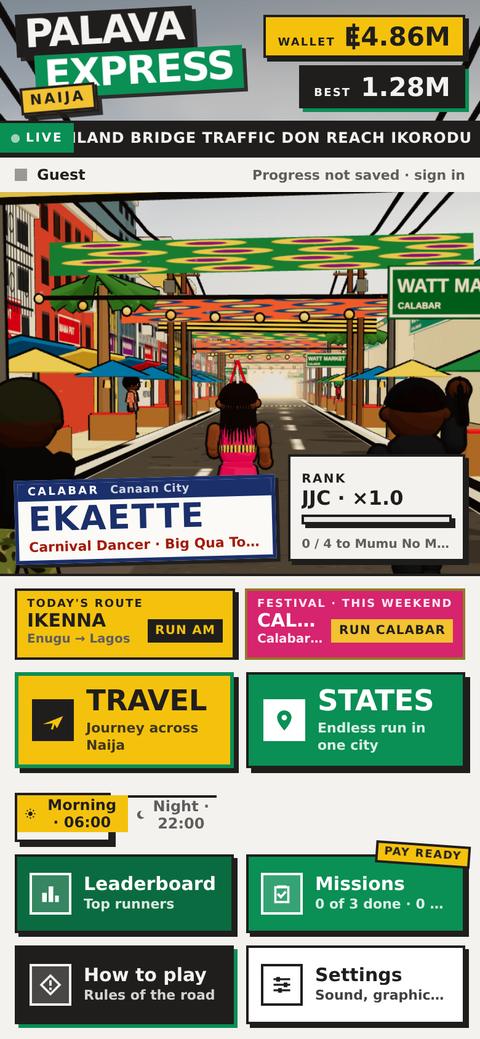 Palava Express main menu with the Travel and States buttons, and Hon. Dapo standing in Wuse Market, Abuja